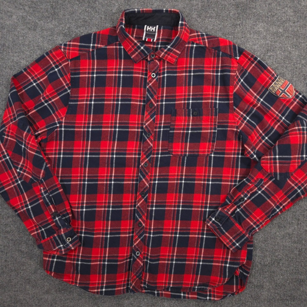 Helly Hansen Norse‎ Flannel Shirt Mens XL Red Blue Plaid Crest Patch Long Sleeve